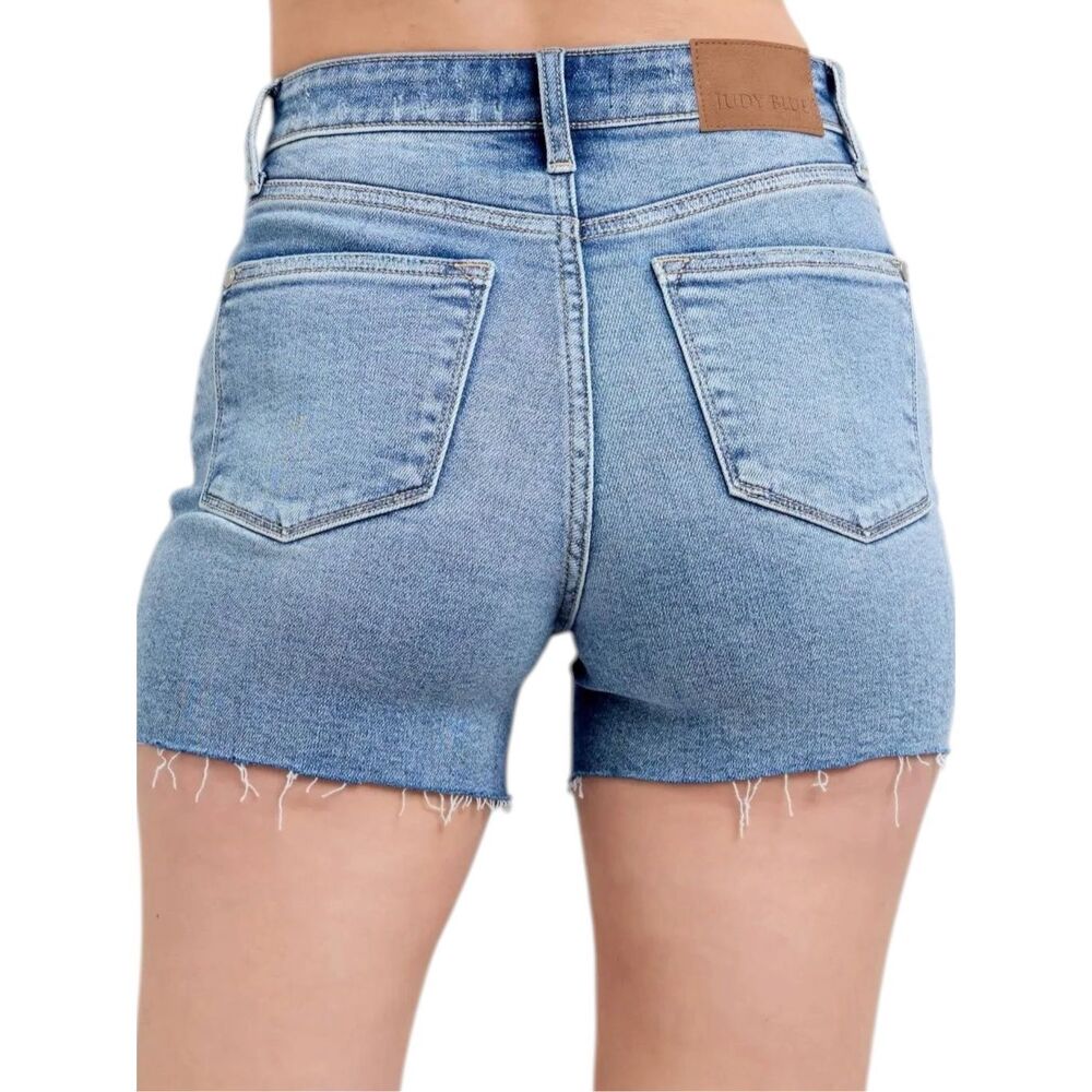 Judy Blue High Rise Distressed Denim Shorts Light Wash Stretch Raw Hem NWT - Picture 3 of 14